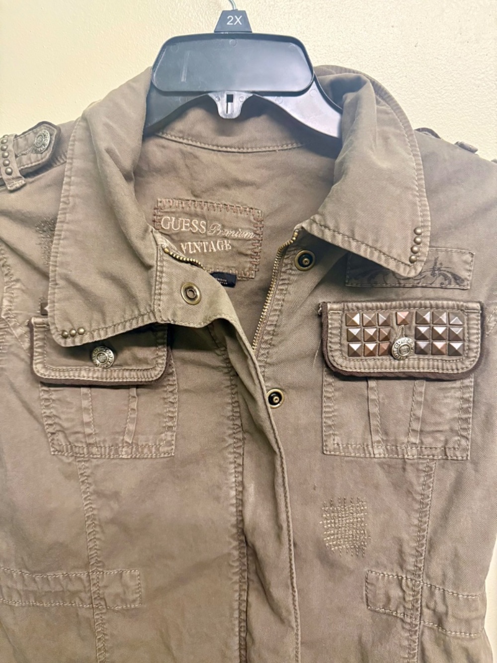 Guess Army Green Studded Utility Jacket | Zip Front Military Style - Picture 6 of 7